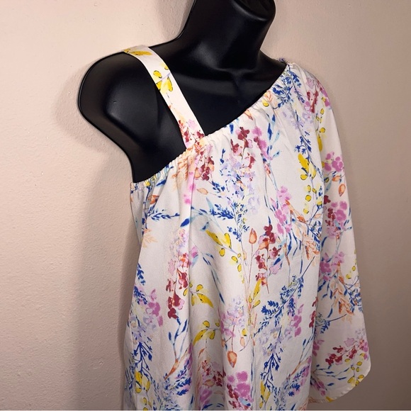 Small Y2K Era Cato Floral Blouse Top One Shoulder Asymmetrical White Pink Blue - Picture 5 of 14